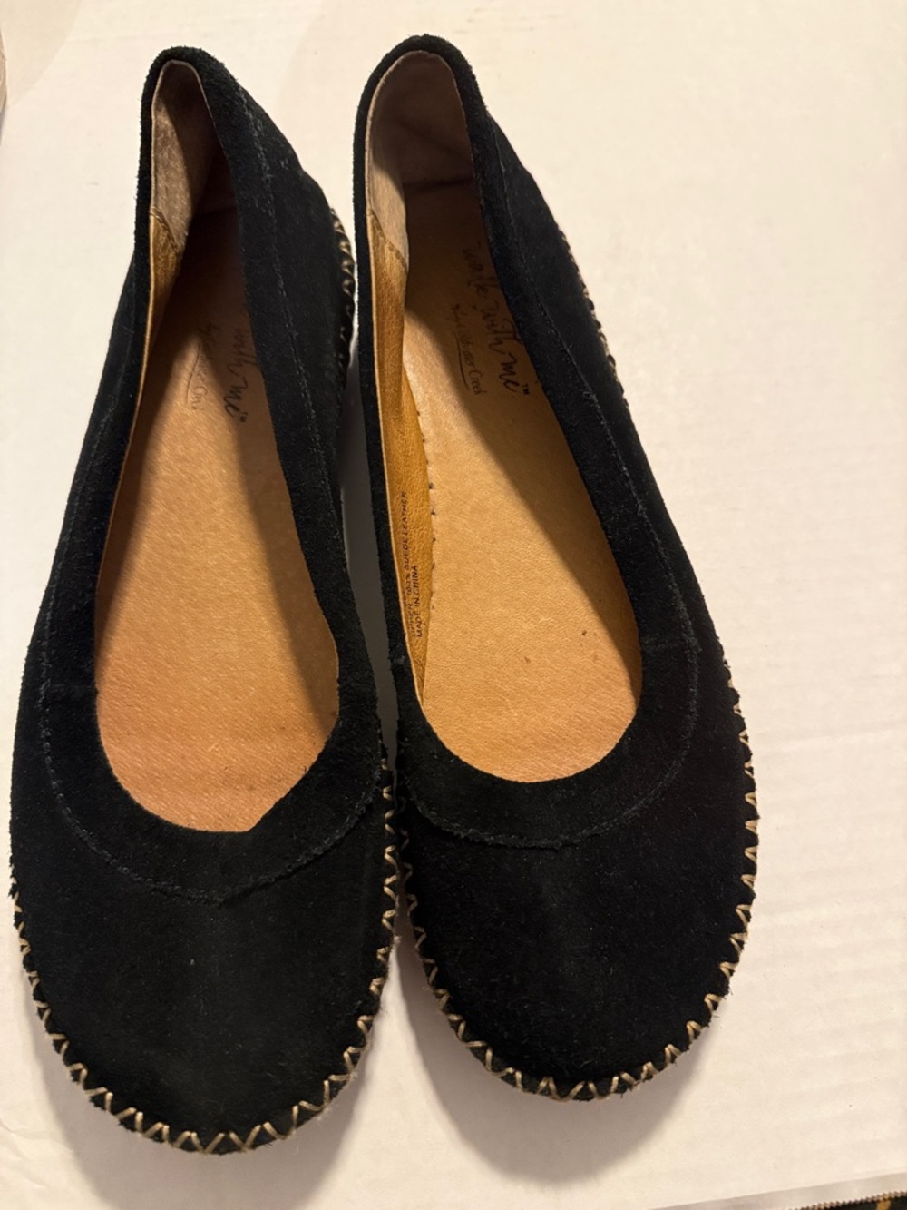Coldwater Creek Black Suede Leather Women's Ballet Flats with Contrast Stitching